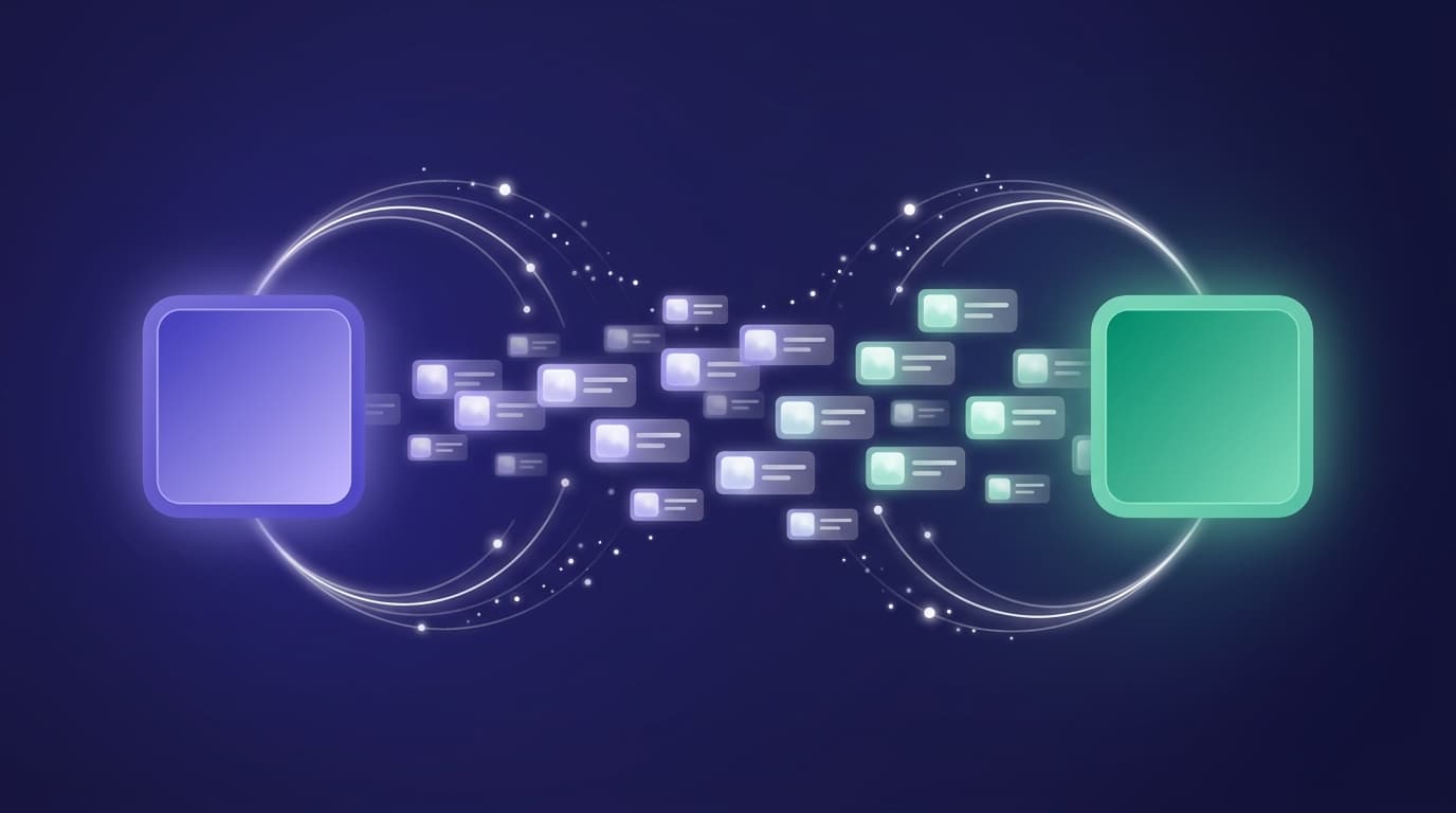 Product cards streaming between two stores along a bright transfer path