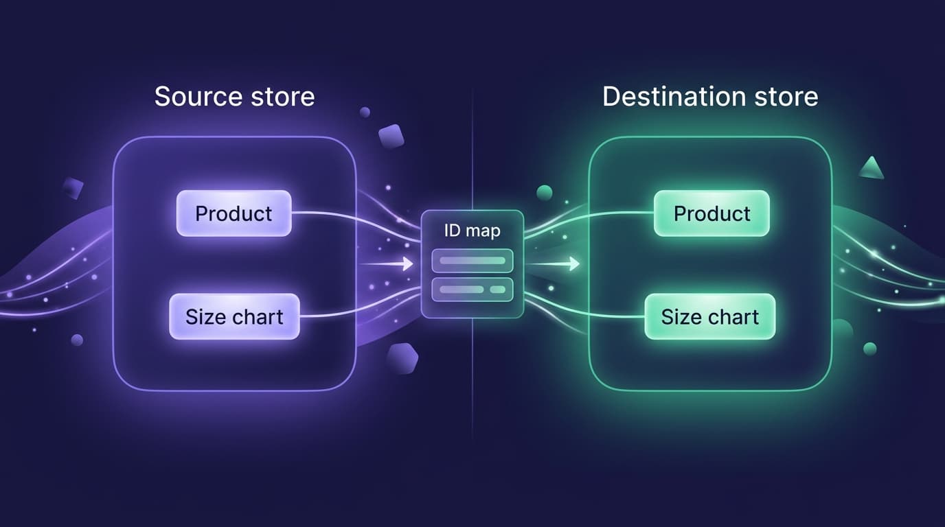 Before-and-after diagram: a reference pointing at a source ID is relinked to its destination counterpart through the ID map