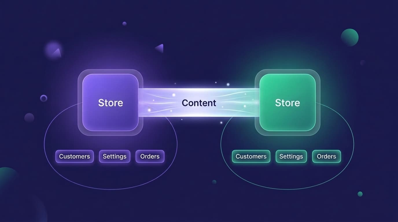 Two-column diagram: content flows across the sync bridge while identity, people, and settings remain anchored to each store