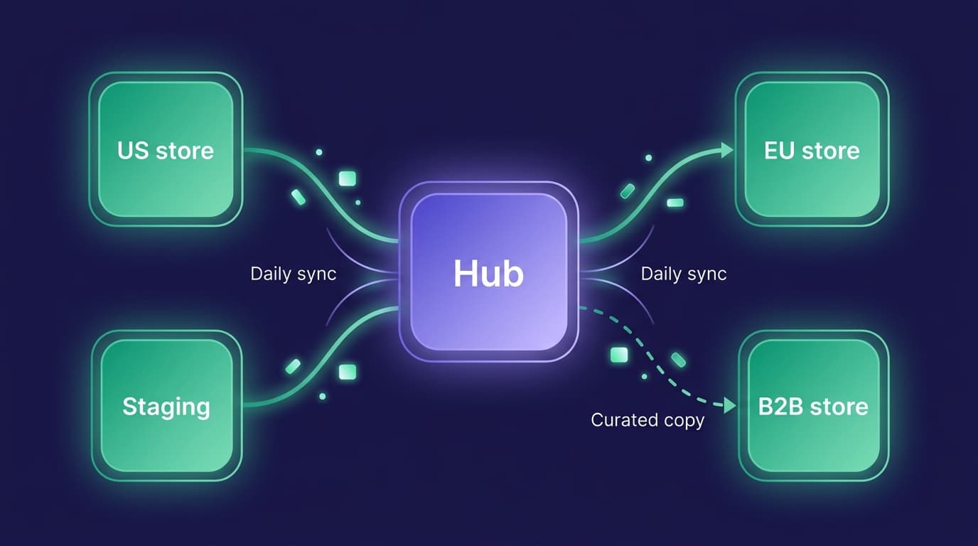 Hub-and-spoke topology diagram: one source store at the center syncing content outward to multiple destination storefronts