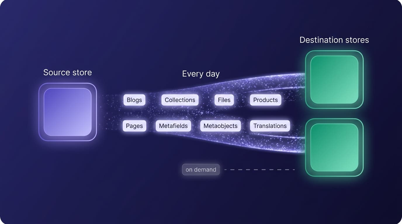 Daily cycle diagram: source store changes flow to destination stores on the daily scheduled run